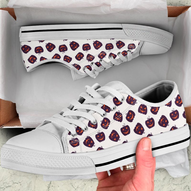 Purple Pumpkin Pattern Print White Low Top Shoes - Image 4