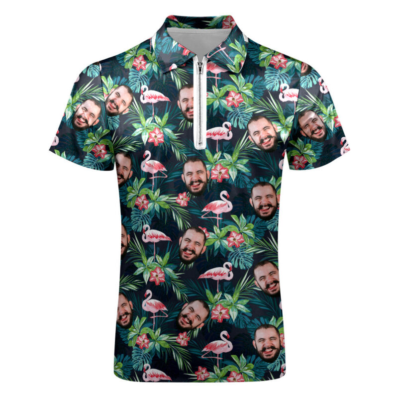 Custom Men's Polo Shirt with Zipper Personalized Face Hawaiian Style Polo Shirt - Image 2