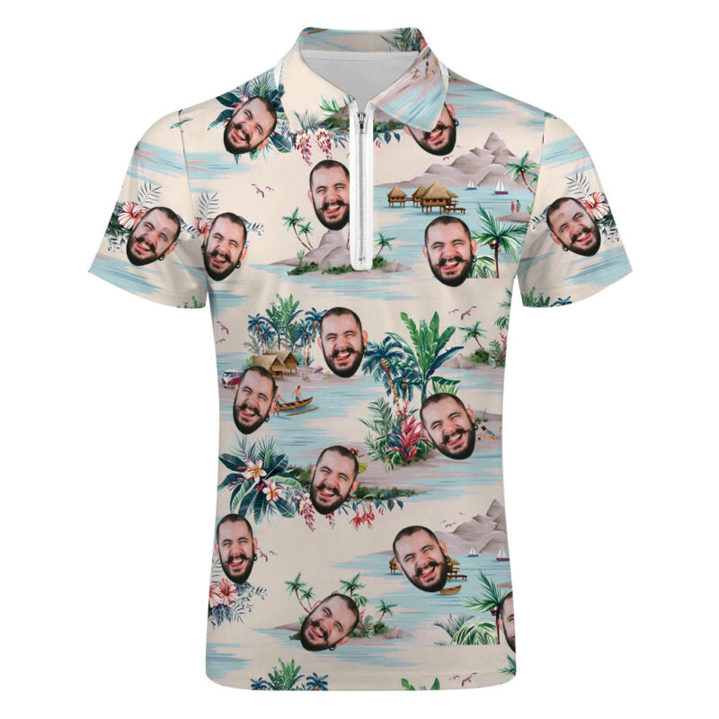Custom Face Hawaiian Style Polo Shirt with Zipper Men's Polo Shirt for Boyfriend or Husband - Image 2