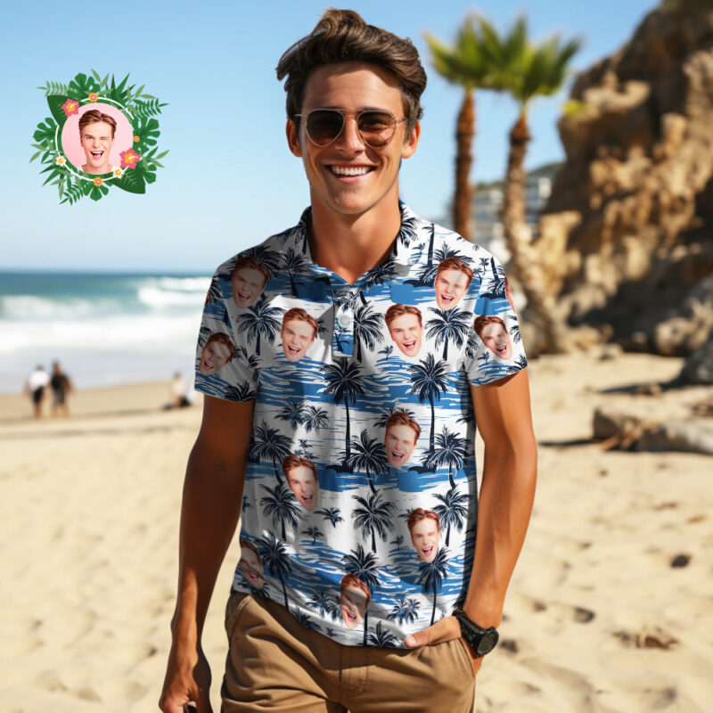 Men's Custom Face Polo Shirt Coconut Island Personalized Hawaiian Golf Shirts Gift for Him - Image 2