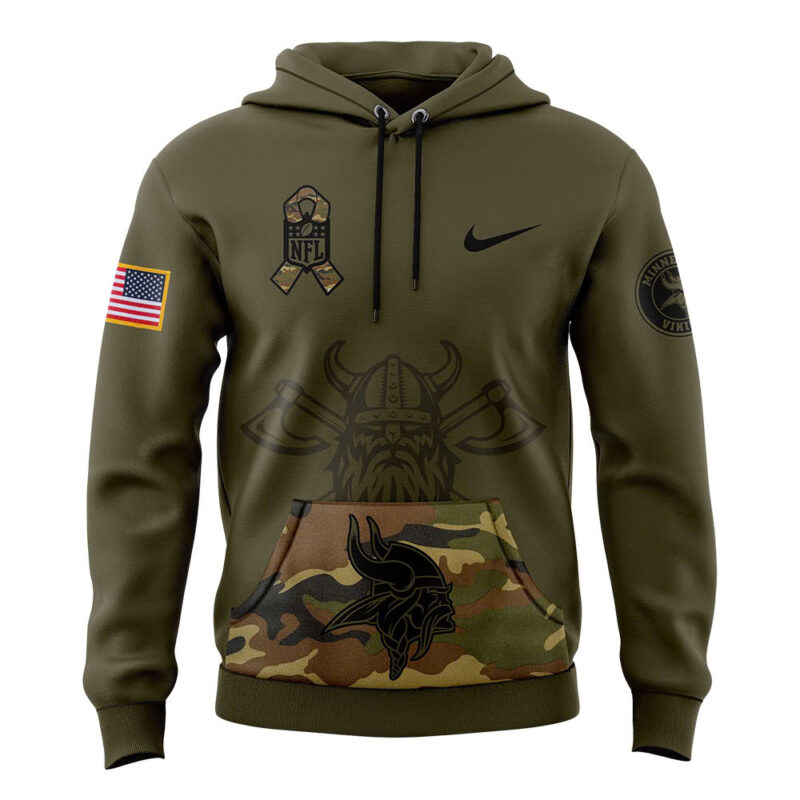Men’s Minnesota Vikings Nike Camo 2024 Salute to Service Club Fleece Pullover Hoodie - Image 2