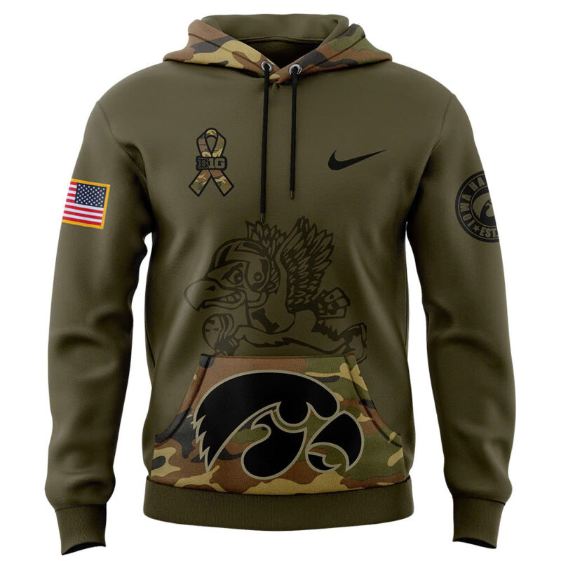 Iowa football Nike Camo 2024 Salute to Service Club Fleece Pullover Hoodie V2 - Image 2