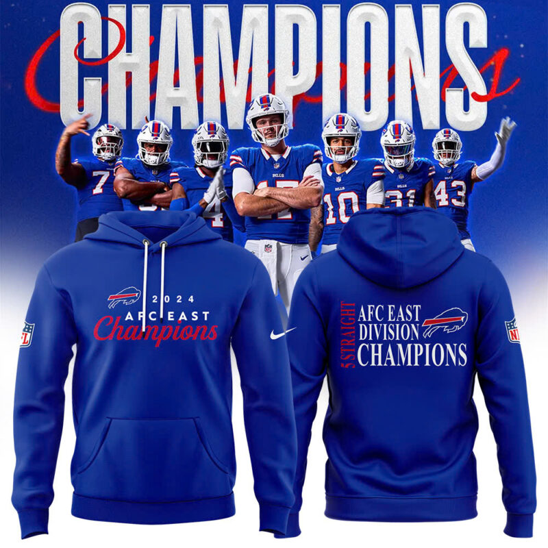 Fanatics Buffalo Bills 5 Straight AFC East Division Champions Hoodie (Blue, Red, Gay, Black) - Image 2