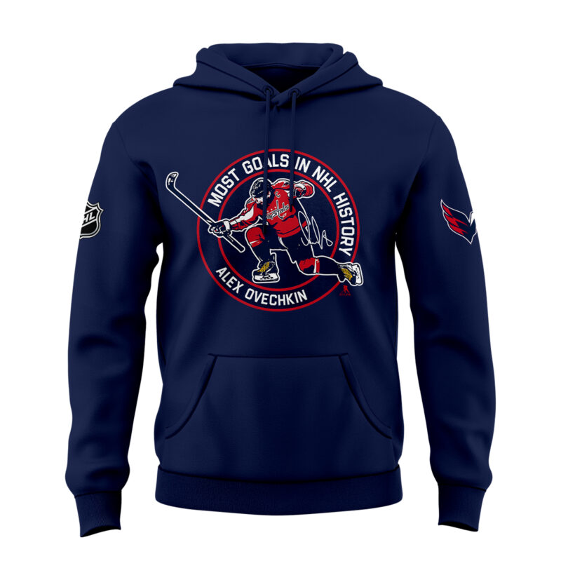 New Alexander Ovechkin Washington Capitals NHL All-Time Leading Goal Scorer Cross Sticks Hoodie Navy2 2025. - Image 2