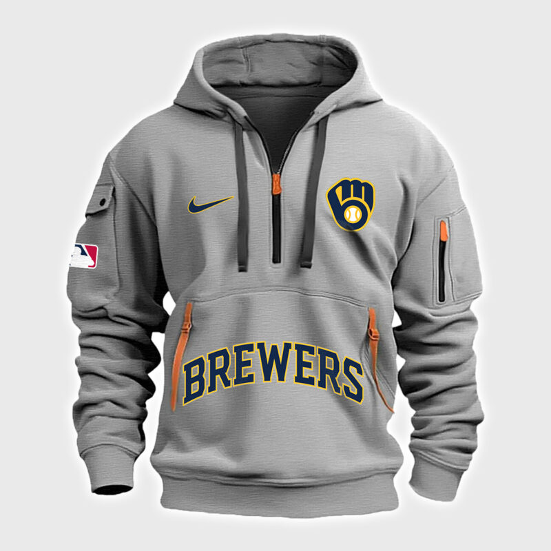 Special Milwaukee Brewers Baseball Team Gray Half Zip Hoodie 2024 - Image 2