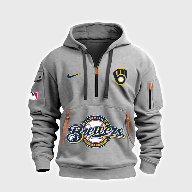Special Milwaukee Brewers Baseball Team Gray Half Zip Hoodie 2024 - Image 2